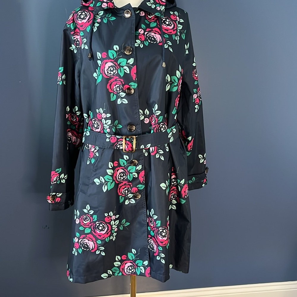 Capelli Raincoat with hood & belt, Ladies Med , darkest navy with floral print - Picture 5 of 16